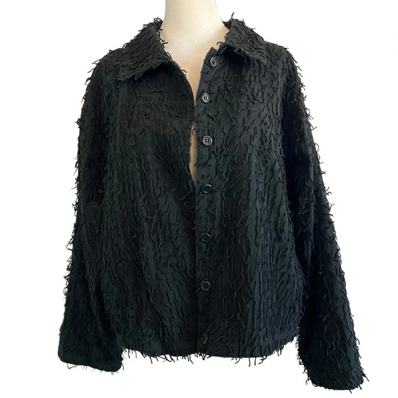 ANN MAURICE Vintage Black Fringe Button Up Cotton Jacket Made in India Size XL - Picture 1 of 12